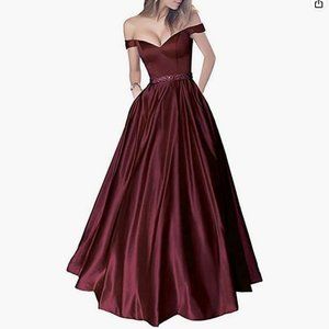 Lemai Off Shoulder Beaded Satin Long prom dress gown Petite 10 Burgundy red
